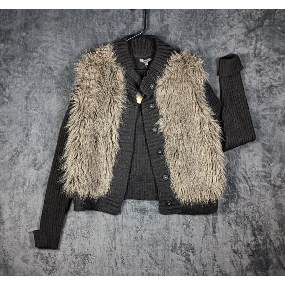 Premise Sweater Women Extra Large Gray Faux Fur Wool Blend Snap Up - Picture 1 of 9